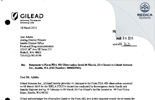 FDA 483 Response - Gilead Sciences Inc. [Seattle / United States of America] - Download PDF - Redica Systems