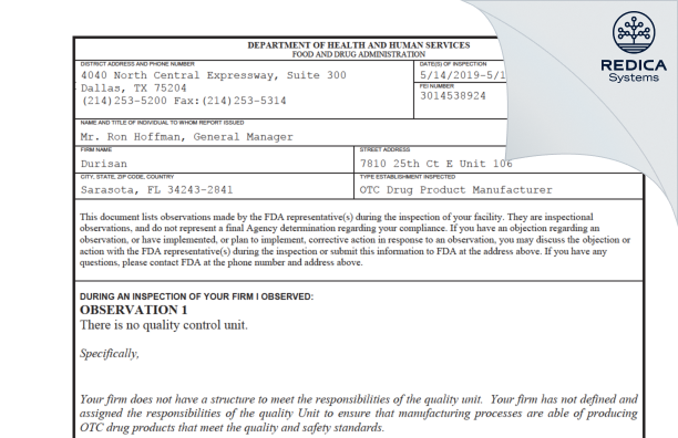 FDA 483 - Sanit Technologies, LLC dba Durisan [Sarasota / United States of America] - Download PDF - Redica Systems