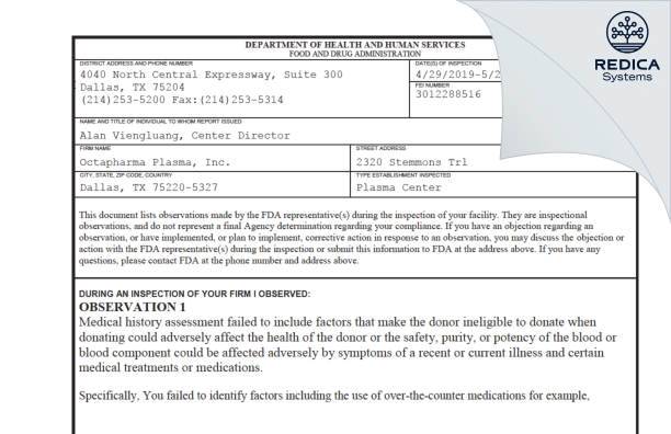 FDA 483 - Octapharma Plasma, Inc. [Dallas / United States of America] - Download PDF - Redica Systems