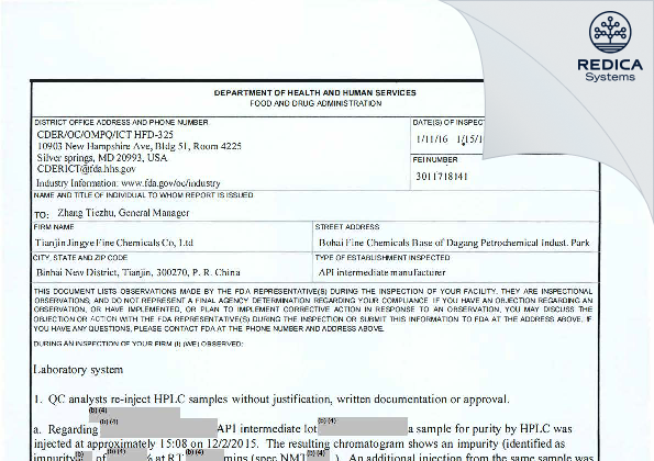 FDA 483 - Tianjin Jingye Fine Chemicals Co., Ltd. [China / China] - Download PDF - Redica Systems