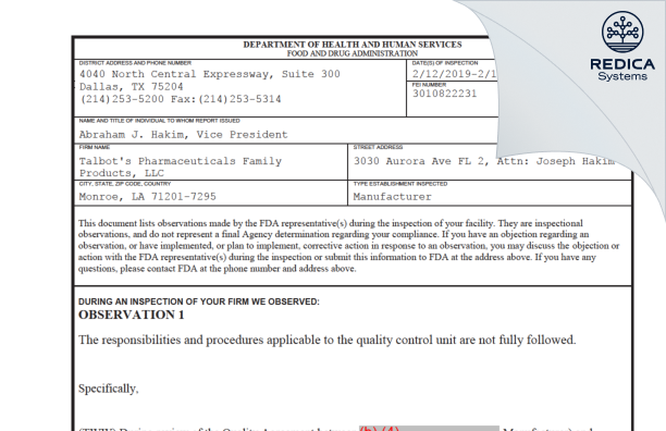FDA 483 - Talbot’s Pharmaceuticals Family Products, LLC. [Monroe / United States of America] - Download PDF - Redica Systems