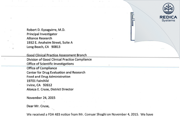 FDA 483 Response - Robert D. Eyzaguirre, MD [Long Beach / United States of America] - Download PDF - Redica Systems