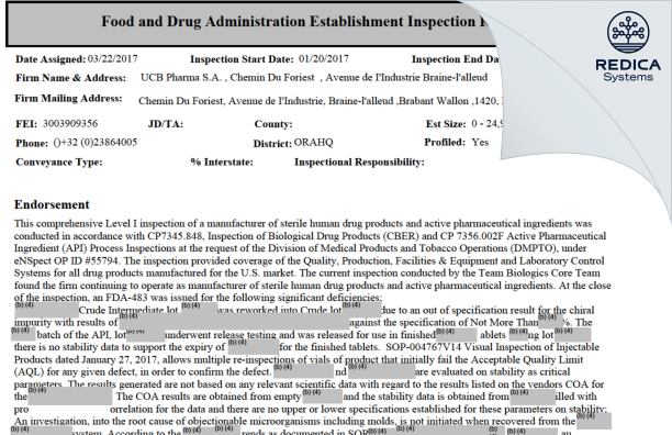 EIR - UCB Pharma S.A. [Braine-L'alleud / Belgium] - Download PDF - Redica Systems