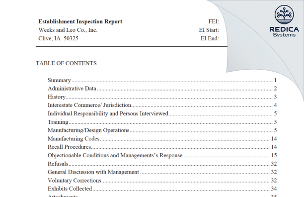 EIR - Weeks & Leo Co., Inc. [Clive / United States of America] - Download PDF - Redica Systems