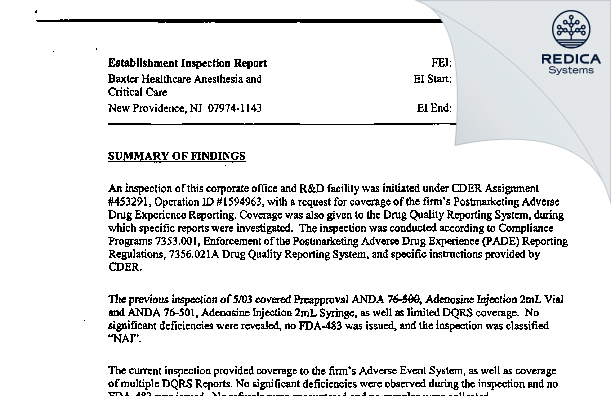 EIR - Baxter Healthcare Corporation [New Providence / United States of America] - Download PDF - Redica Systems