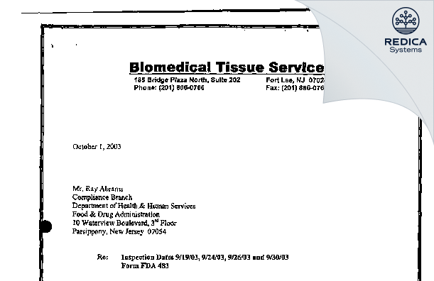 FDA 483 Response - Biomedical Tissue Services, Ltd [Fort Lee / United States of America] - Download PDF - Redica Systems
