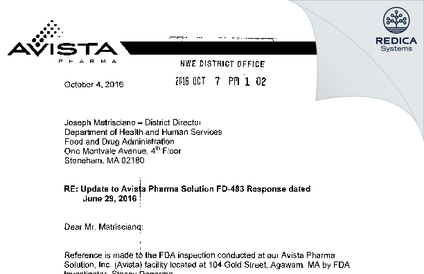 FDA 483 Response - Avista Pharma Solutions, Inc. dba Cambrex [Agawam Massachusetts / United States of America] - Download PDF - Redica Systems
