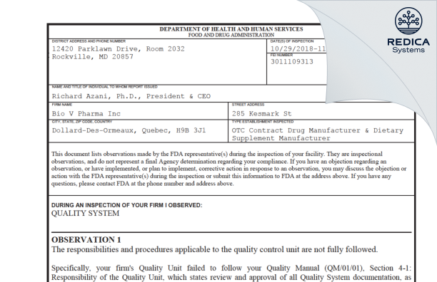 FDA 483 - BioV Health Inc [Dollard-Des-Ormeaux / Canada] - Download PDF - Redica Systems