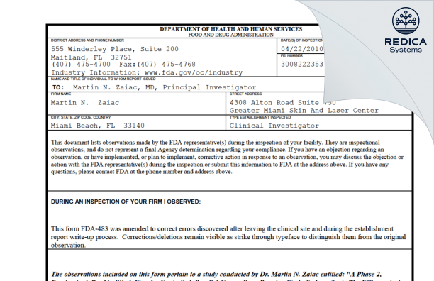 FDA 483 - Martin N. Zaiac [Hialeah / United States of America] - Download PDF - Redica Systems