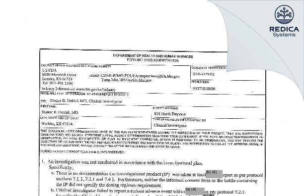 FDA 483 - Dakhil, Dr Shaker [Wichita / United States of America] - Download PDF - Redica Systems