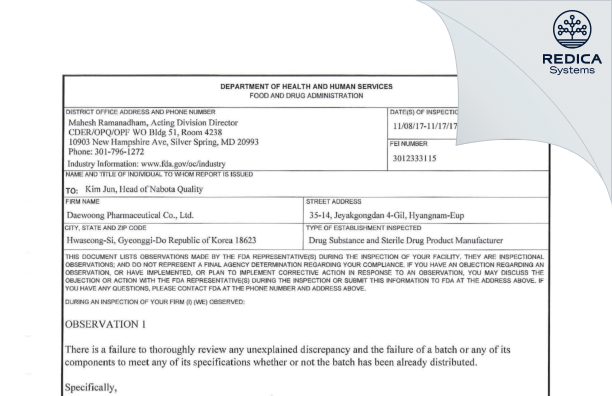 FDA 483 - Daewoong Pharmaceutical Co. Ltd. [Korea South / Korea (Republic of)] - Download PDF - Redica Systems