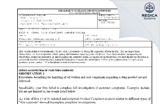 FDA 483 - Sunrider Manufacturing L P [Torrance / United States of America] - Download PDF - Redica Systems