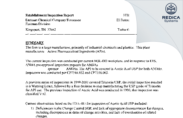 EIR - Eastman Chemical Company [Kingsport / United States of America] - Download PDF - Redica Systems