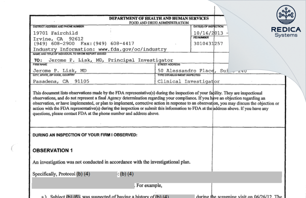 FDA 483 - Jerome P. Lisk, M.D. [Pasadena / United States of America] - Download PDF - Redica Systems