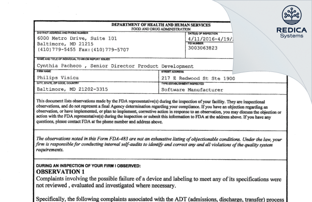 FDA 483 - Philips Visicu [Baltimore / United States of America] - Download PDF - Redica Systems