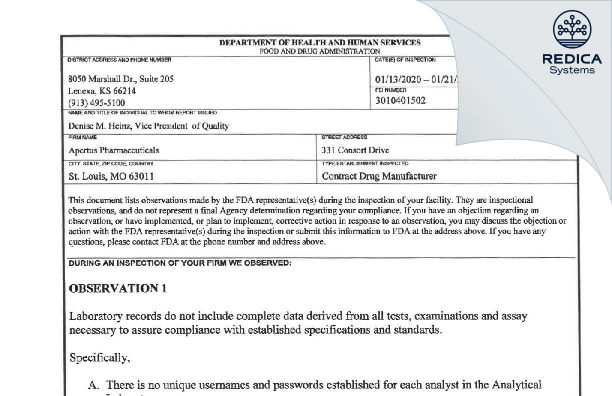 FDA 483 - Apertus Pharmaceuticals, LLC [Ballwin / United States of America] - Download PDF - Redica Systems
