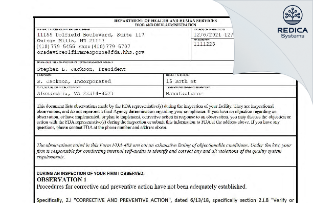 FDA 483 - S. Jackson, Incorporated [Alexandria / United States of America] - Download PDF - Redica Systems