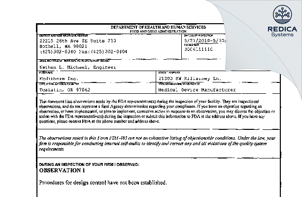 FDA 483 - Meditherm Inc. [Albuquerque / United States of America] - Download PDF - Redica Systems