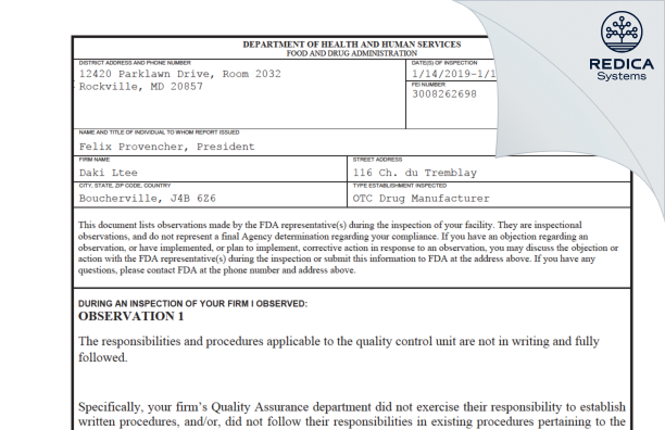 FDA 483 - Daki Ltee [Boucherville / Canada] - Download PDF - Redica Systems