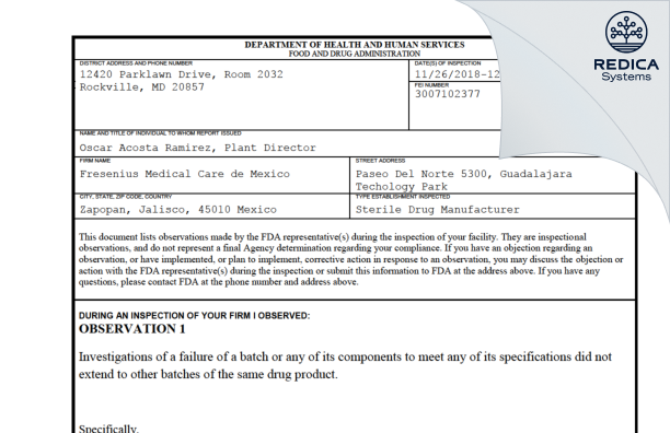 FDA 483 - Fresenius Medical Care de Mexico, S.A. de C.V. [Mexico / Mexico] - Download PDF - Redica Systems