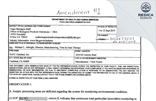 FDA 483 - SAFC Carlsbad Inc. [Carlsbad / United States of America] - Download PDF - Redica Systems