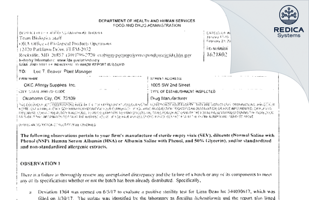 FDA 483 - OKC Allergy Supplies, Inc. [Oklahoma City / United States of America] - Download PDF - Redica Systems
