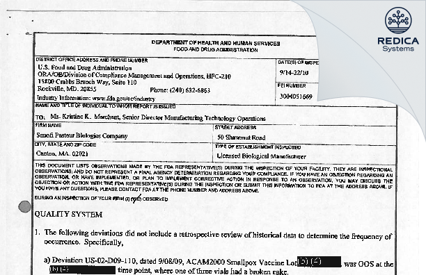 FDA 483 - Emergent Biodefense Operations Lansing LLC [Canton / United States of America] - Download PDF - Redica Systems