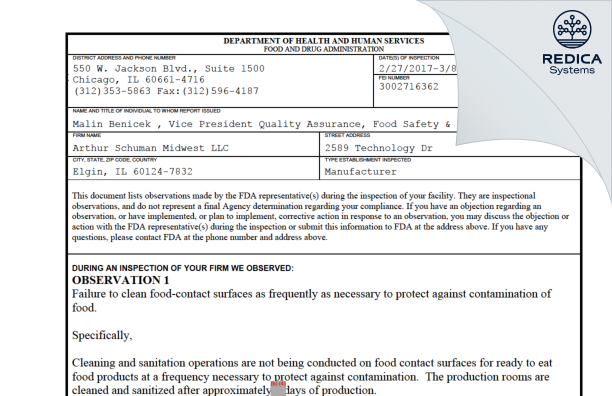 FDA 483 - Arthur Schuman Midwest LLC [Elgin / United States of America] - Download PDF - Redica Systems