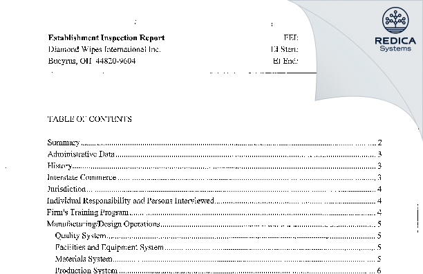 EIR - Diamond Wipes International, Inc. [Bucyrus Ohio / United States of America] - Download PDF - Redica Systems