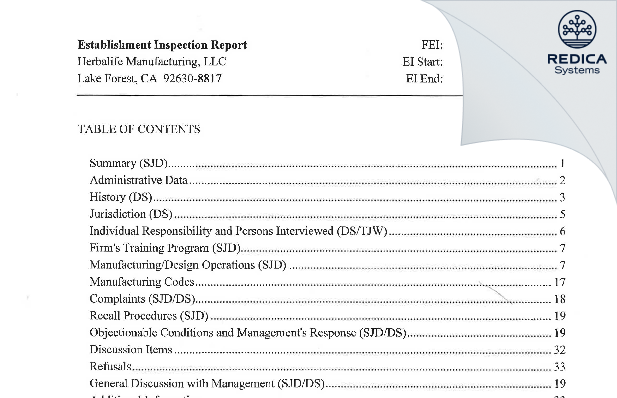 EIR - Herbalife Manufacturing, LLC [Lake Forest / United States of America] - Download PDF - Redica Systems