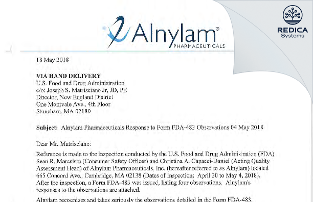 FDA 483 Response - Alnylam Pharmaceuticals Inc. [Cambridge / United States of America] - Download PDF - Redica Systems