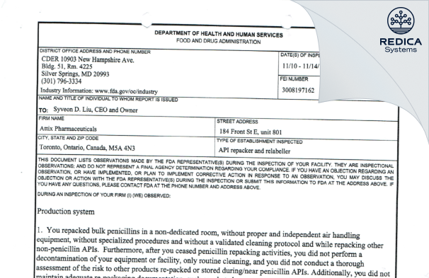 FDA 483 - Attix Pharmaceuticals [Toronto / Canada] - Download PDF - Redica Systems