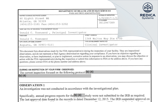 FDA 483 - Donald C. Townsend [Augusta / United States of America] - Download PDF - Redica Systems