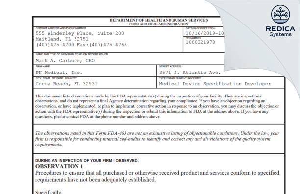 FDA 483 - PN Medical, Inc. [Cocoa Beach / United States of America] - Download PDF - Redica Systems