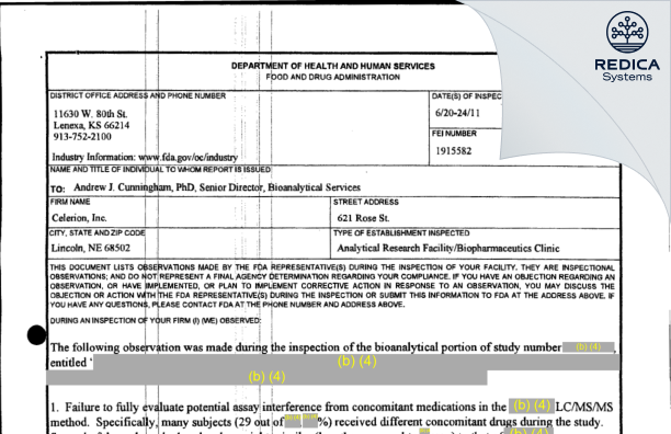 FDA 483 - Celerion, Inc [Lincoln / United States of America] - Download PDF - Redica Systems