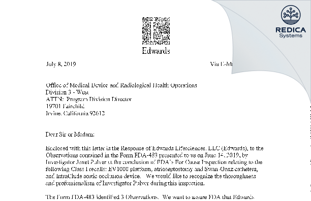 FDA 483 Response - Edwards Lifesciences, LLC [Irvine / United States of America] - Download PDF - Redica Systems