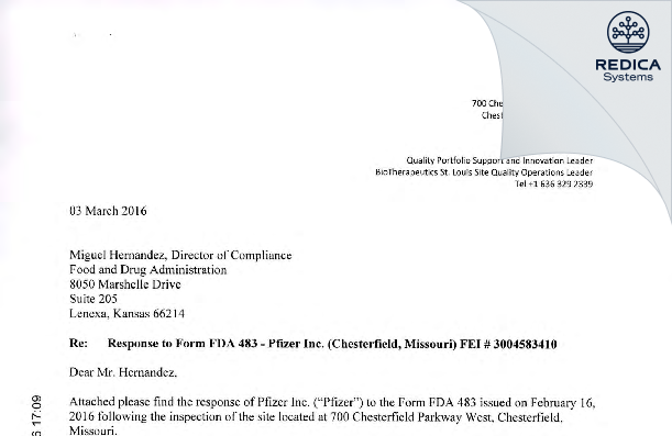 FDA 483 Response - Pfizer Inc [Chesterfield / United States of America] - Download PDF - Redica Systems