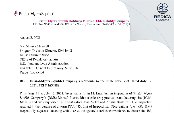FDA 483 Response - Bristol-Myers Squibb Holdings Pharma, Ltd. Liability Company [Rico / United States of America] - Download PDF - Redica Systems