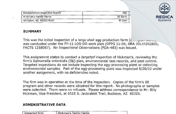 EIR - Hickman's Egg Ranch Inc [Arlington / United States of America] - Download PDF - Redica Systems