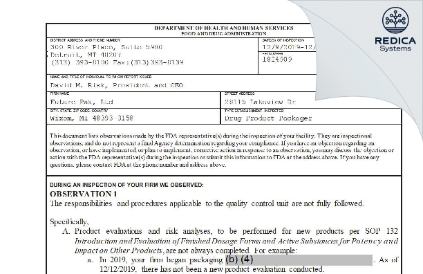 FDA 483 - Future Pak LLC [Wixom / United States of America] - Download PDF - Redica Systems