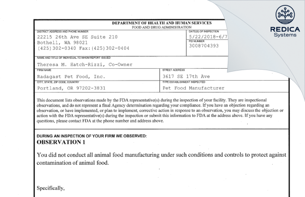 FDA 483 - Radagast Pet Food Inc [Portland / United States of America] - Download PDF - Redica Systems