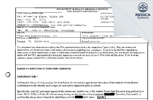 FDA 483 - Theochem Laboratories Inc [Tampa / United States of America] - Download PDF - Redica Systems
