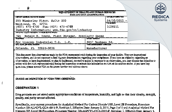 FDA 483 - Airgas Usa, LLC [Orlando / United States of America] - Download PDF - Redica Systems