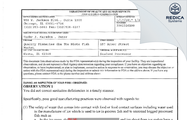 FDA 483 - Quality Fisheries dba The Niota Fish Market [Fort Madison / United States of America] - Download PDF - Redica Systems