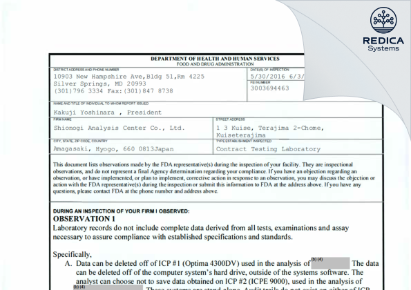 FDA 483 - Shionogi Analysis Center Co., Ltd. [Amagasaki / Japan] - Download PDF - Redica Systems