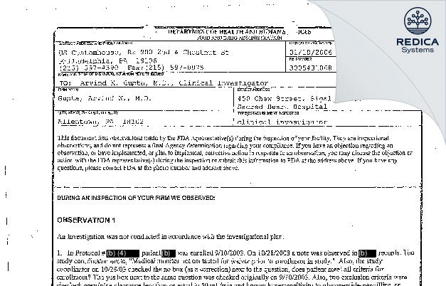 FDA 483 - Gupta, Arvind K., M.D. [Allentown / United States of America] - Download PDF - Redica Systems