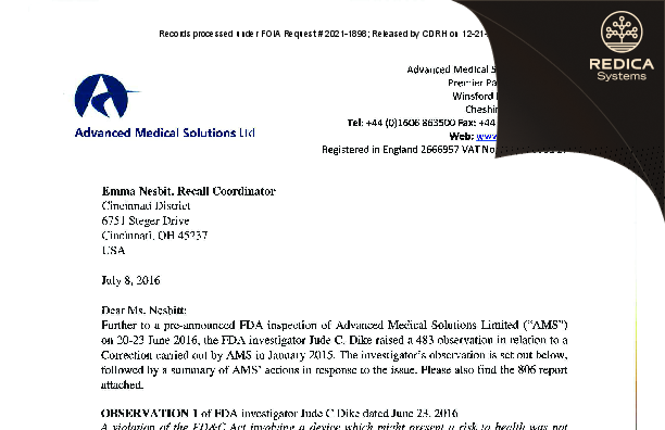 FDA 483 Response - Advanced Medical Solutions Ltd. [Winsford / United Kingdom of Great Britain and Northern Ireland] - Download PDF - Redica Systems