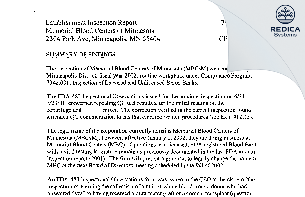 EIR - Innovative Blood Resources [Saint Paul / United States of America] - Download PDF - Redica Systems