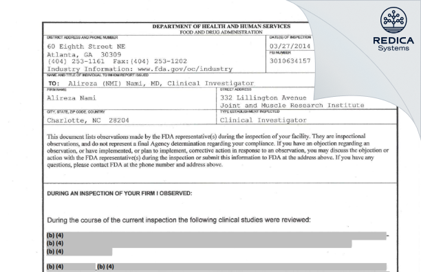 FDA 483 - Alireza Nami MD [Charlotte / United States of America] - Download PDF - Redica Systems