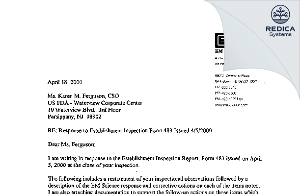 FDA 483 Response - EMD Millipore Corporation [Billerica / United States of America] - Download PDF - Redica Systems